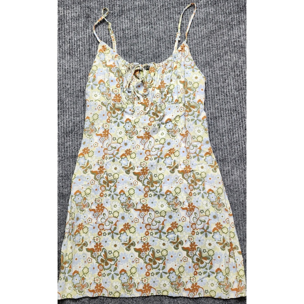 LA Hearts Floral Butterfly Mini Dress Womens Medium Orange Blue Rayon Tie Front